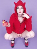 Pantyless deviless Kendra James in red top demonstrates her tight hairless pussy