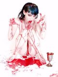 Naked woman Stephanie Slaughter with raven hair and pale skin drinking blood